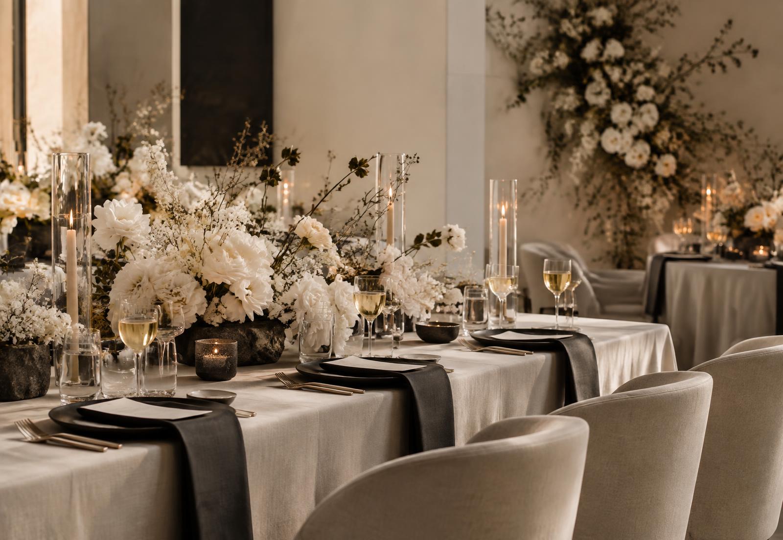 Mesa editorial de boda contemporánea con flores blancas, velas y acentos carbón