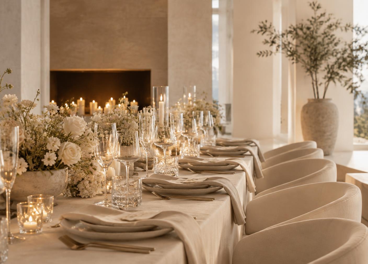 Mesa larga de boda contemporánea con flores claras, velas y una atmósfera cálida