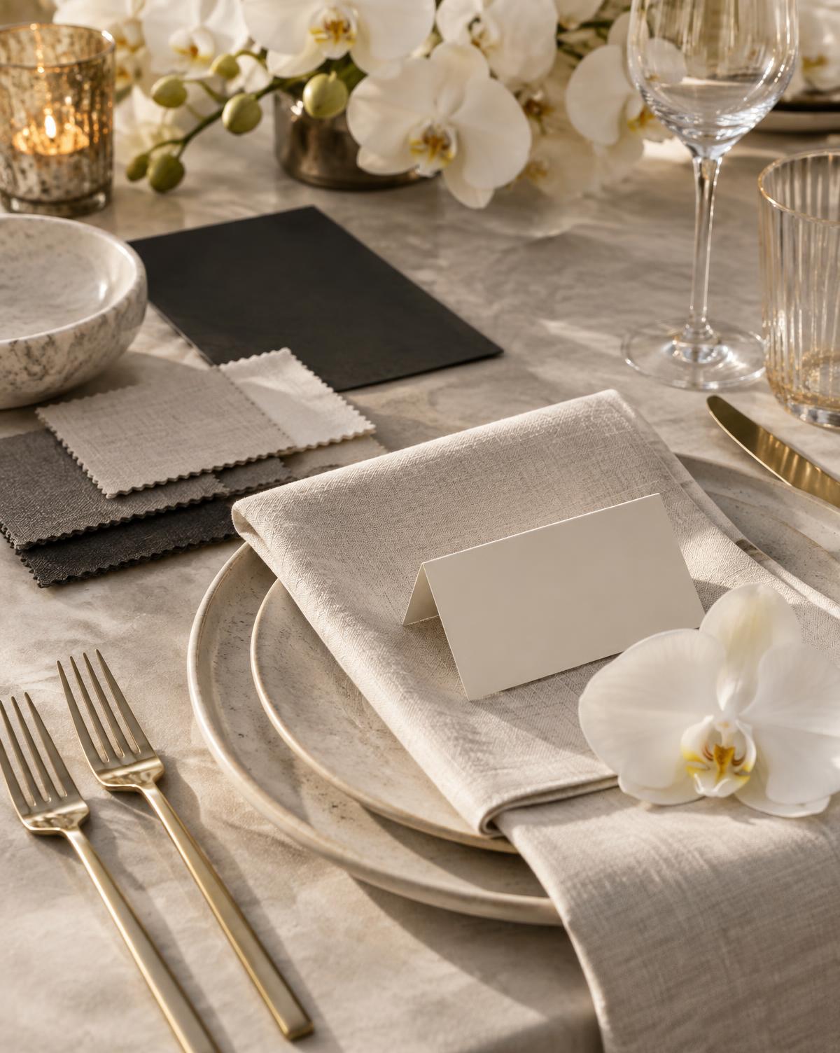 Detalle editorial de mesa con textiles neutros, orquídeas y acentos champagne